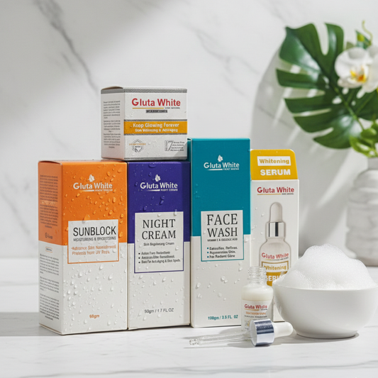 Gluta White 5 Piece Skin Care Set Brightening Face Wash Serum Night Cream Sunblock Complete Beauty Kit