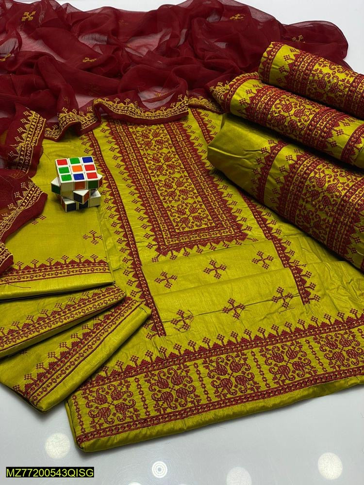 3 Pcs Women's Unstitched Cotton Embroidered Suit