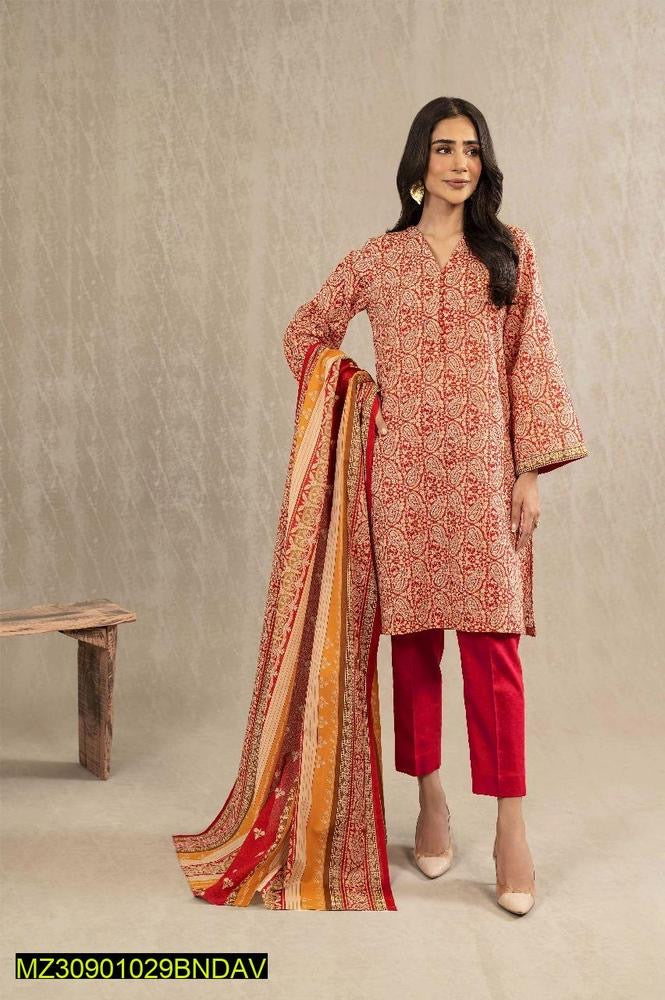 3 Pcs Women's Unstitched Lawn Printed Suit