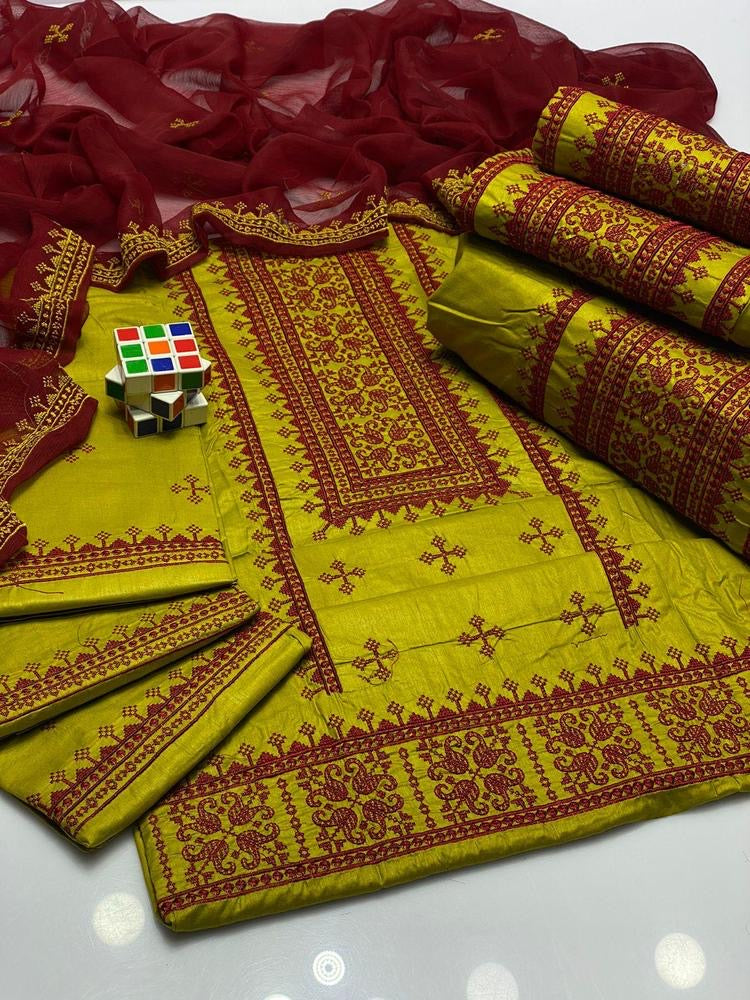 3 Pcs Women's Unstitched Cotton Embroidered Suit